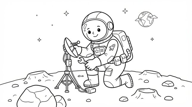 Cute cartoon astronaut fixing a satellite dish on the moon surface line art drawing