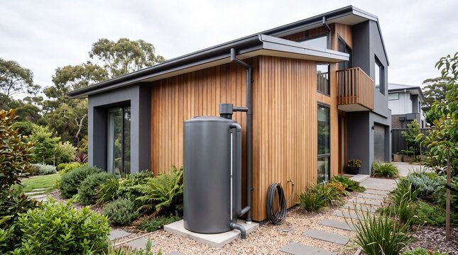 Modern sustainable house with rainwater tank, eco-friendly residential architecture with wood cladding, contemporary green home design and water conservation system