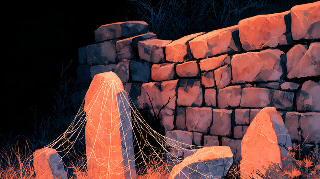 Halloween wallpaper, spider web stretched between tombstones near a crumbling stone wall, deep midnight darkness, orange and black color palette, watercolor illustration style, high resolution