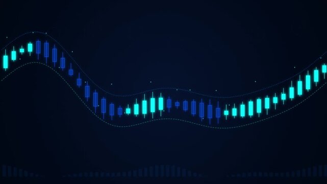 Digital candlestick stock market chart moving in waves on dark blue background representing financial data and trading.