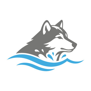 Stylized Vector Illustration of a Wolf Head Emerging from Blue Water Waves, Representing Strength, Agility, and Wild Nature in Motion, Perfect for Modern Logo Design or Graphic Elements
