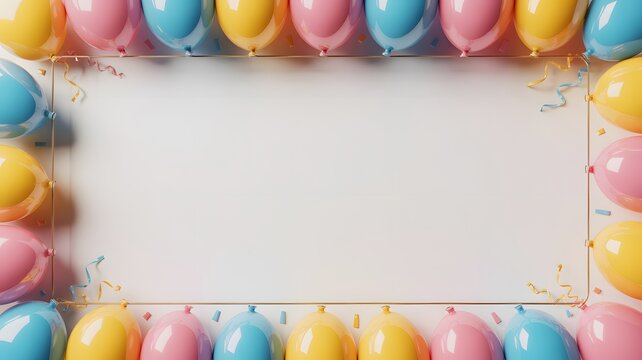 Colorful birthday balloons arranged in a rectangular border framing a plain white empty center space background