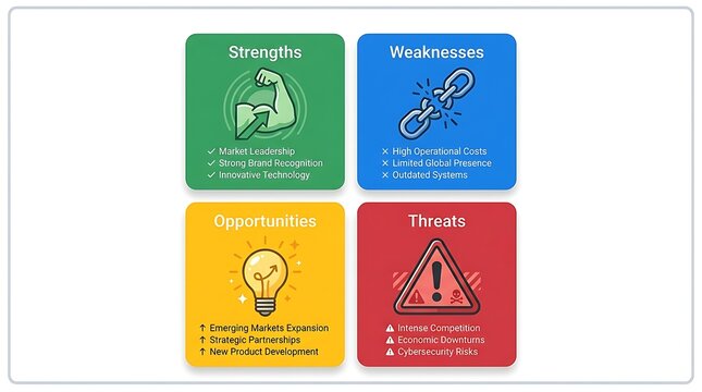 Business SWOT analysis quadrant chart with icons representing strengths weaknesses opportunities threats for strategic planning concepts