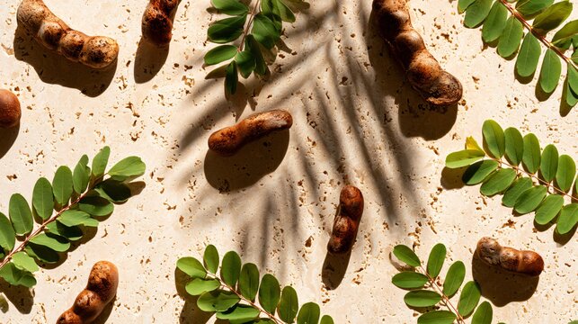 A top-down flat lay featuring tamarind fruit arranged across warm travertine stone beneath soft tropical sunlight, rustic brown pods and fresh green leaves creating elegant organic patterns
