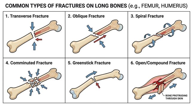 Common types of long bone fractures diagram for medical reference and orthopedic training materials