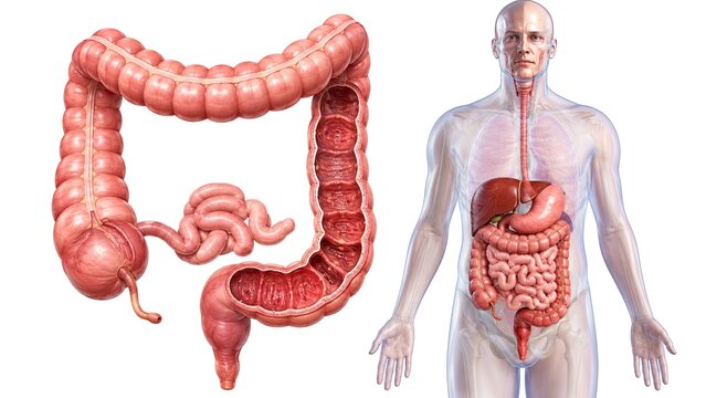 Detailed anatomical illustration of human digestive system showing colon, intestines, liver and stomach isolated on white background
