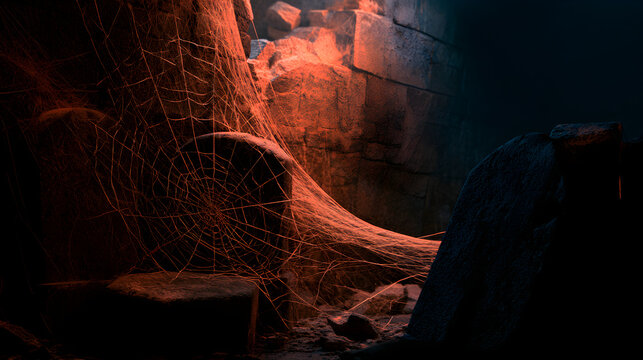 Halloween wallpaper, spider web stretched between tombstones near a crumbling stone wall, eerie and chilling atmosphere, orange and black color palette, 3D render style, deep atmospheric lighting