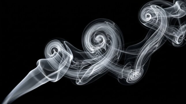 Delicate white smoke shapes swirl gracefully against a black backdrop, creating a mystical and abstract scene.