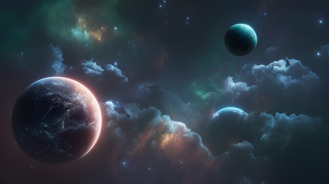 Glowing planets float amidst deep cosmic nebulae and bright stardust within this vast dark galaxy scenery