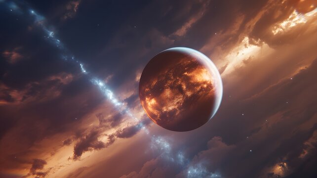 Glowing orange planet floating amidst swirling cosmic nebulae and bright ethereal starlight in deep space