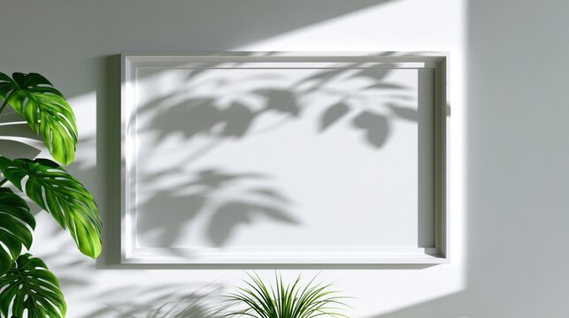 Wide blank wall frame with tropical foliage and soft botanical shadows