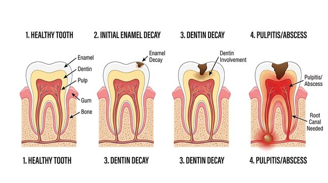 Dental health diagram illustrates the stages of tooth decay from a healthy tooth to pulpitis and abscess development