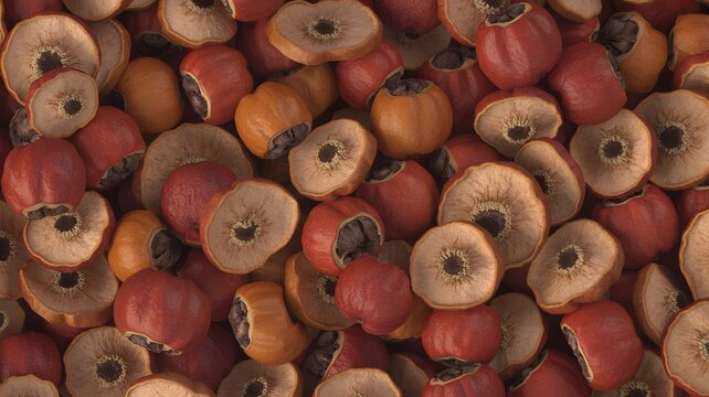 Dried red hawthorn berries arranged in tight pile showing detailed textures for culinary and medicinal uses