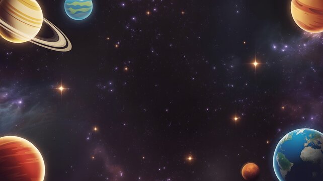 Vibrant colorful planets orbiting within a deep vast galaxy filled with bright glowing sparkling star fields