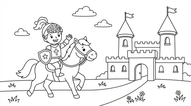 Little knight boy riding a horse in front of a medieval castle gate