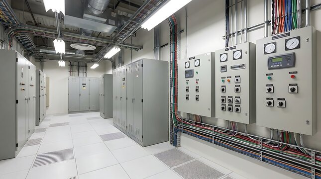 Modern industrial room with rows of electrical control panels and server racks, showcasing advanced data processing and power distribution infrastructure in a secure facility