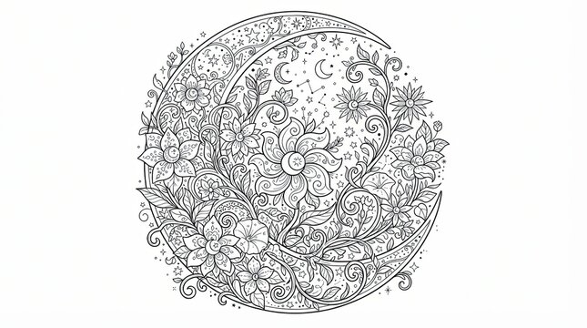 Decorative crescent moon with floral patterns for adult coloring book