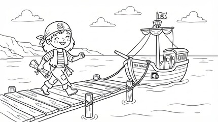 Fototapeta premium Little pirate child holding a treasure map on a wooden pier by a ship