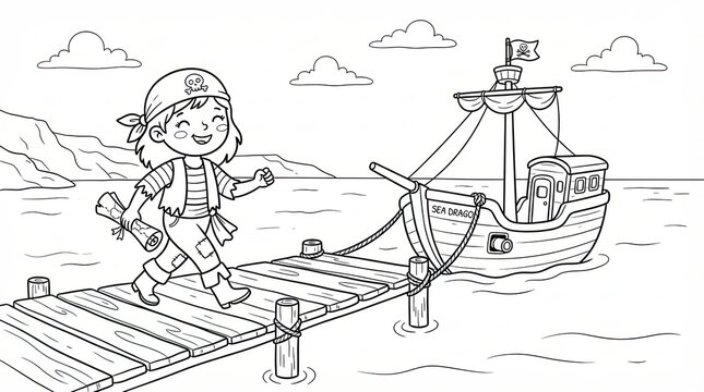 Little pirate child holding a treasure map on a wooden pier by a ship
