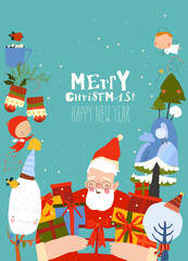 Fototapeta premium Cute Cartoon Frame With Santa Claus, Trees and Christmas Elements