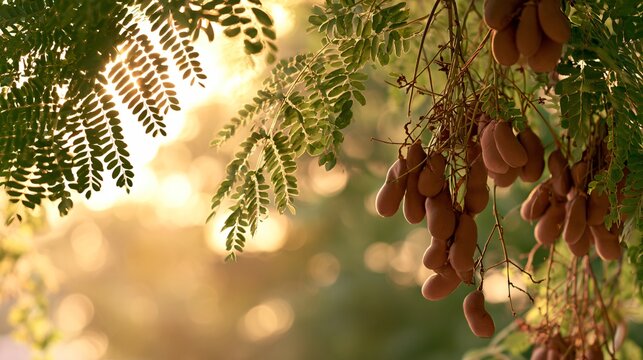 An orchard composition featuring tamarind fruit hanging naturally from tree branches beneath warm golden sunlight