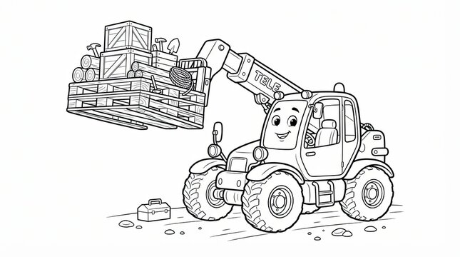 Cute cartoon telehandler lifting a wooden pallet on white background
