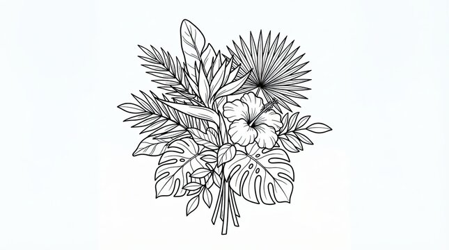 Black and white tropical flower bouquet line art illustration