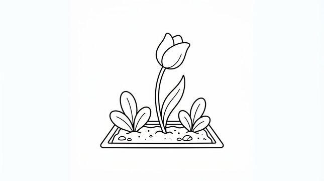 Black and white line art drawing of a single tulip flower in the garden