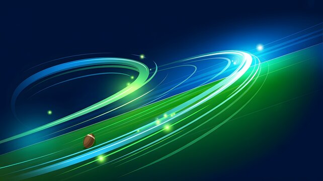 American football soaring through space with vibrant glowing light streaks and intense abstract motion blur effects