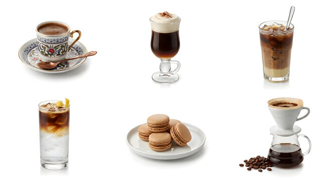 Assortment of specialty coffee drinks and macarons isolated on white