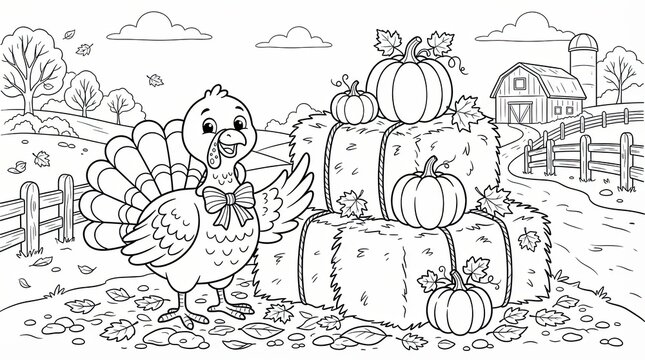 Cute cartoon turkey with pumpkins and hay bales on a farm for coloring