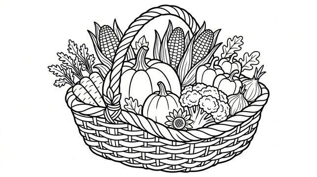 Woven basket filled with fresh autumn harvest vegetables and pumpkins