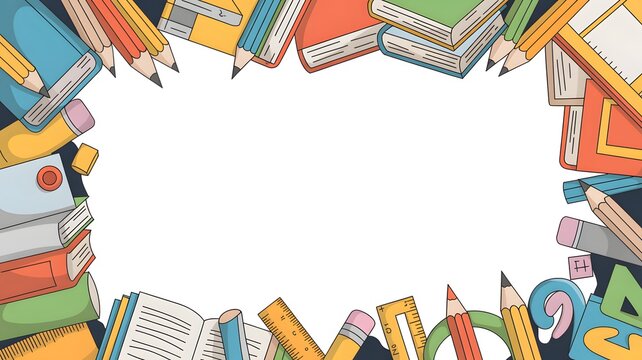 Colorful school stationery border featuring stacked textbooks pencils and rulers arranged for creative student academic projects