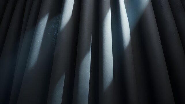 Dark heavy velvet curtains featuring elegant vertical folds highlighted by soft dramatic beams of bright light