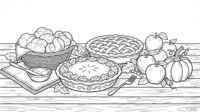 Hand drawn thanksgiving pies with apples and bread basket illustration