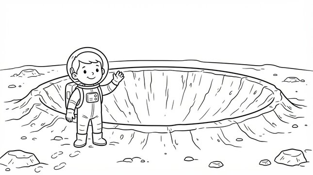 Cute cartoon astronaut standing next to a large moon crater line art