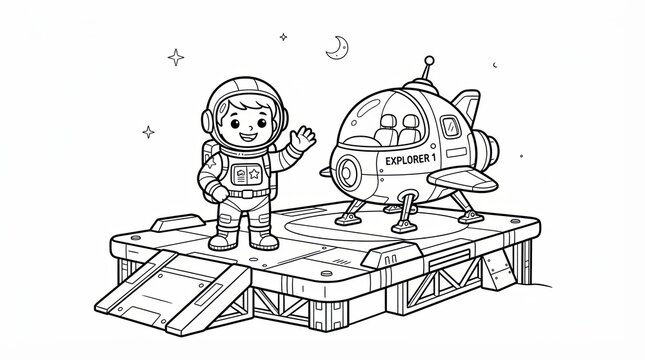 Cute cartoon astronaut waving next to a space rocket on a launch pad
