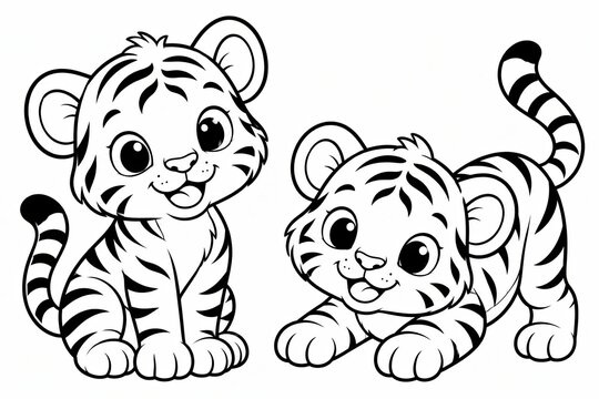 Two cute baby tiger cubs playing together line art illustration