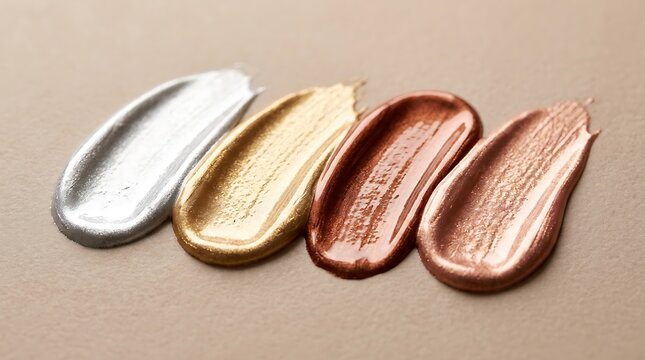 Four metallic paint brush strokes in silver gold bronze and copper colors on a flat grey surface. metallic eyeshadow ideas