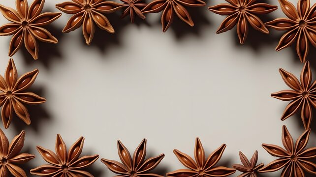 Dried star anise spices arranged in a rustic decorative border pattern on a light neutral background