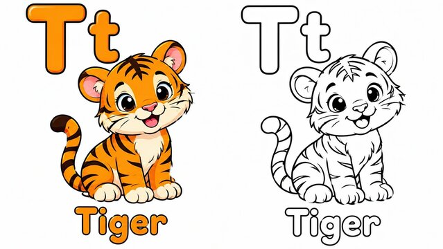 Letter t for tiger alphabet learning page with cute tiger illustration