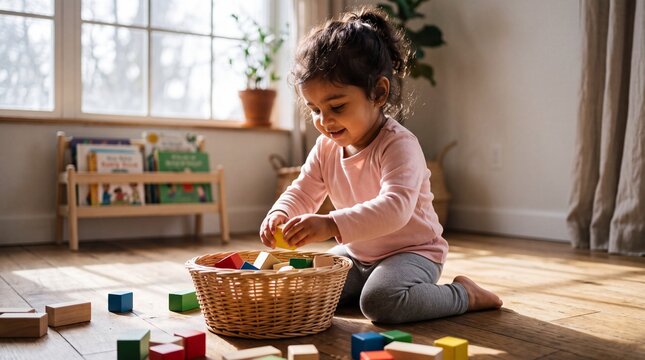 South Asian Toddler Girl Organizing Scattered Wooden Toys