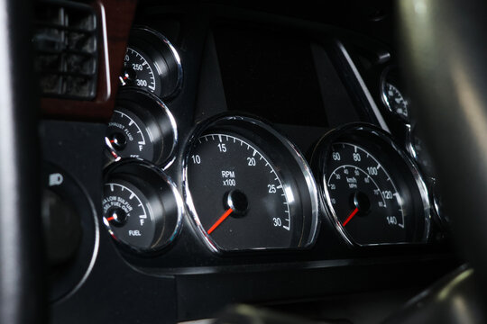 Heavy duty truck dashboard with speedometer and engine gauges