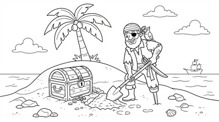 Obraz premium Cartoon pirate digging for treasure chest on a tropical island