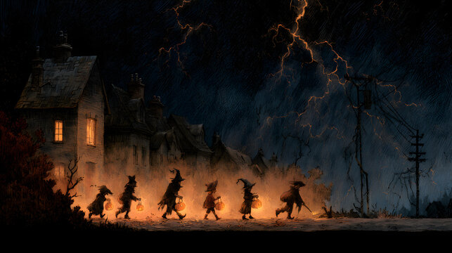 Halloween wallpaper, trick-or-treaters walking down a dark street under a stormy night sky, warm pumpkin glow against dark night