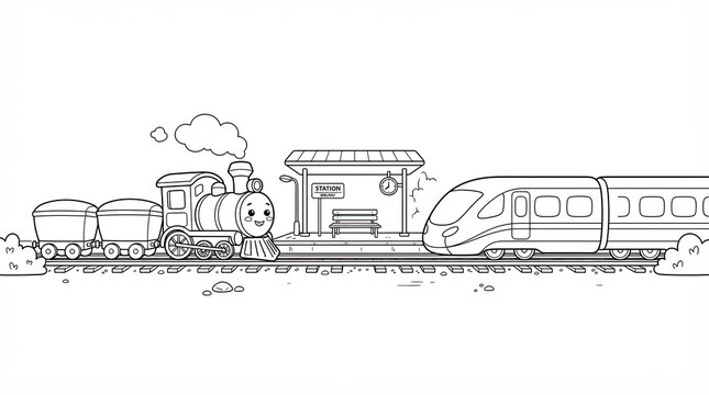 Cute cartoon steam train and modern high speed train at a railway station