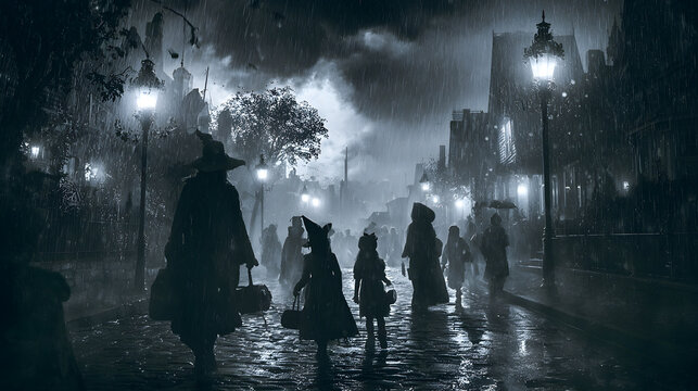 Halloween wallpaper, trick-or-treaters walking down a dark street under a stormy night sky, flickering shadows everywhere