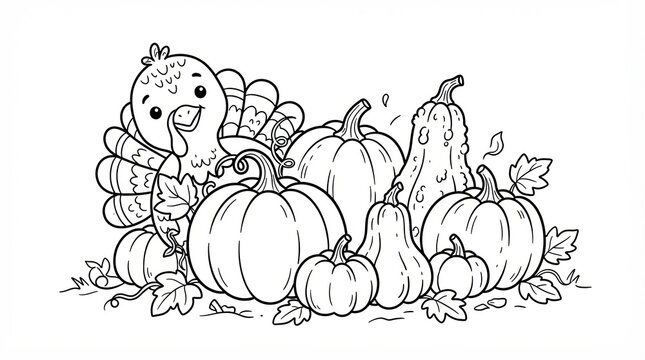 Cute cartoon turkey with many pumpkins for Thanksgiving coloring page