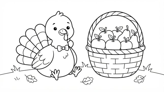Cute cartoon turkey sitting next to a basket of fresh fruits and apples