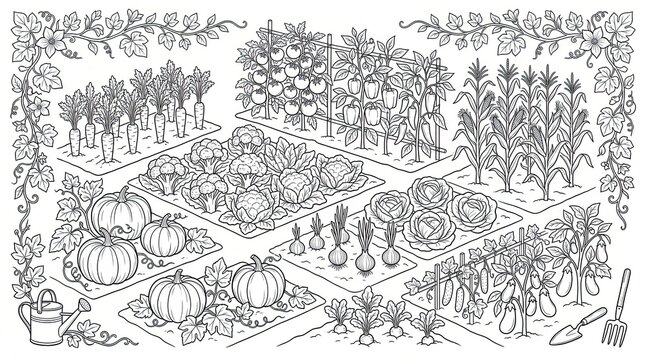 Vegetable garden sketch with various crops and gardening tools